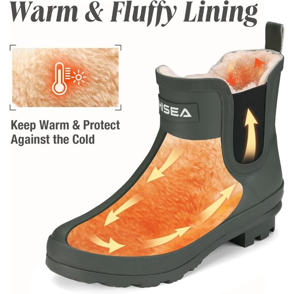 ⚡Women's Green Pull On Plush Rain Ankle Snow Boots Waterproof Chelsea Rubber - Picture 5 of 7